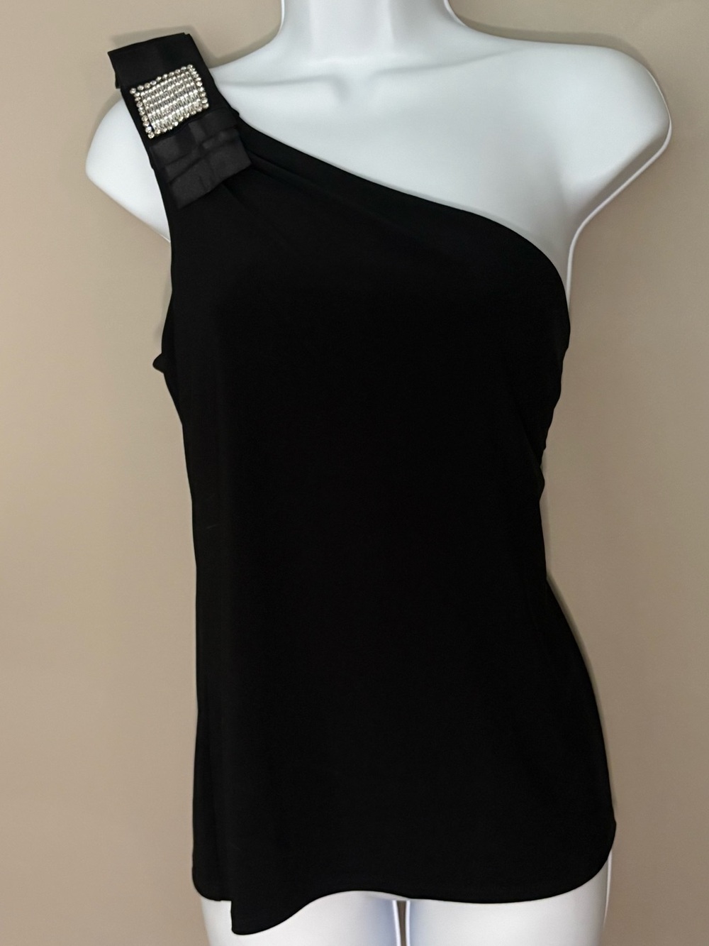 White House Black Market One Shoulder Black Top Rhinestone Applique Glam Size M
